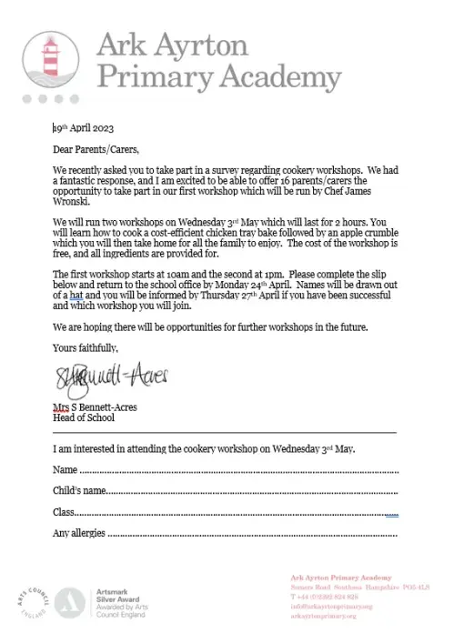 Parent Cookery Workshop Letter 23