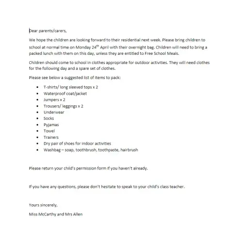 Year 3 Residential Kit List