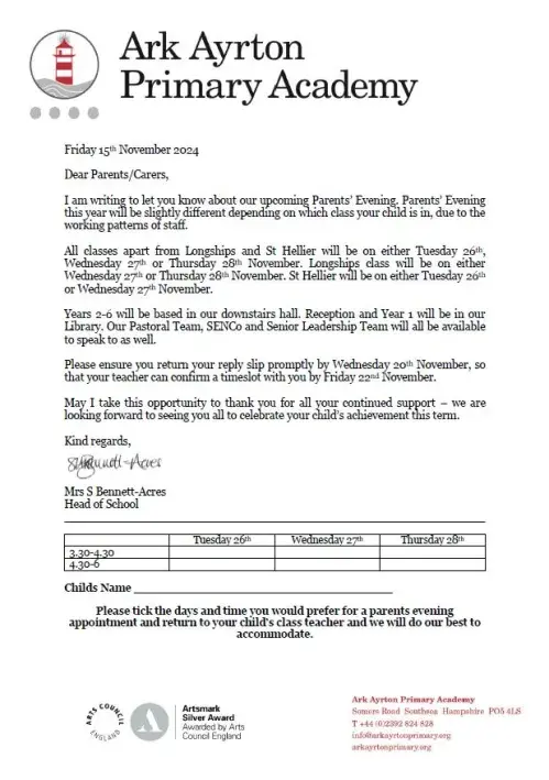 Parents' Evening letter - whole school 15.11.24