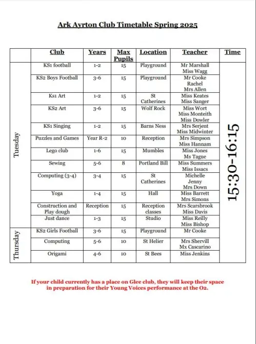 Spring Club Timetable image